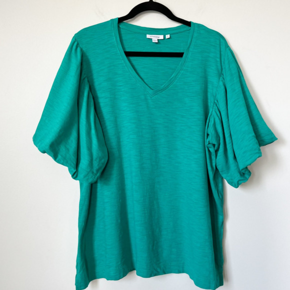 Chicos Puff Sleeve V Neck Slub Tee Teal Green Womens Plus XXL Cotton Modal - Picture 1 of 12